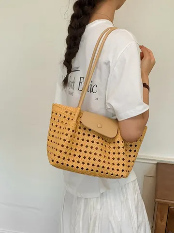 Damen Große Kapazität Gewebte Tote Tasche Sommer Mode Lässige PU Leder Unterarm Schultertasche Mit Magnetklappenverschluss Tägliche Handtasche