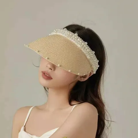 Cappello da Sole in Paglia a Tesa Larga per Donna Rivetto a Perla Fascia Elastica Cappello a Visiera Traspirante Cappello Vuoto da Spiaggia