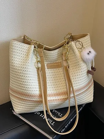 Women Stripe Woven Tote Bag Summer Fashion Knitted Fabric Shoulder Bag With Chain Strap Large Capacity Commuter Handbag Plush Pendant