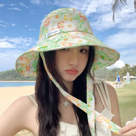 Damen Blumendruck Anglerhut Sommer Sonnenschutz Breite Krempe Bucket Hat Mit Bändern Acryl Urlaub Strand Sonnenkappe