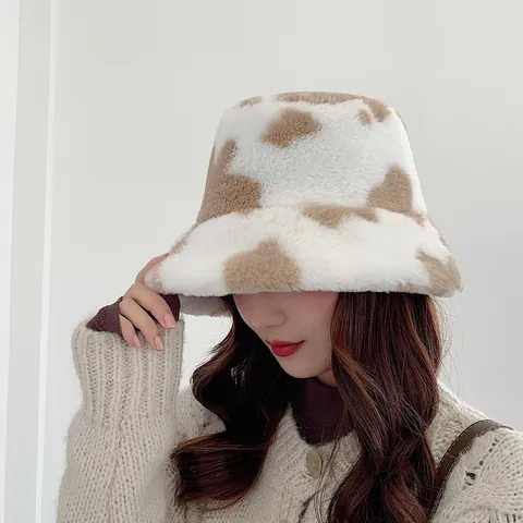 Vintage Cow Pattern Plush Bucket Hat For Women Winter Thick Warm Faux Fur Fisherman Hat Japanese Style Outdoor Basin Hat