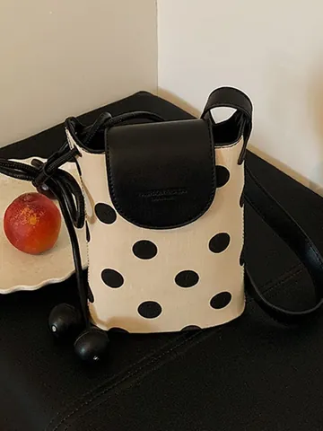 Vintage Polka Dot Denim Straw Patchwork Women Mini Phone Crossbody Bag Small PU Leather Shoulder Pouch Minimalist Fashion Daily Bag