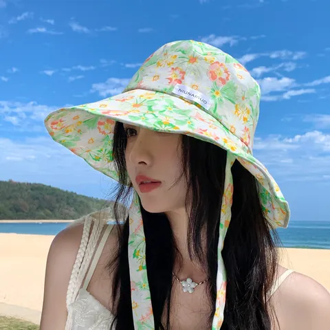 Damen Blumendruck Anglerhut Sommer Sonnenschutz Breite Krempe Bucket Hat Mit Bändern Acryl Urlaub Strand Sonnenkappe
