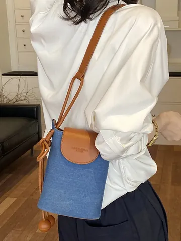 Vintage Polka Dot Denim Straw Patchwork Women Mini Phone Crossbody Bag Small PU Leather Shoulder Pouch Minimalist Fashion Daily Bag
