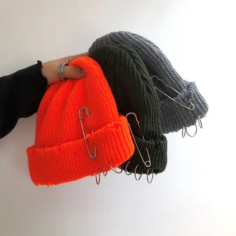 Hip Hop Distressed Beanie With Metal Rings And Safety Pin Ripped Edges Acrylic Knitted Hat For Men Women Winter Warm Streetwear