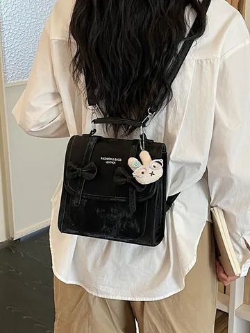 Zaino da Donna in Stile Preppy con Fiocco in Pelle PU Moda Casual Viaggio Borsa a Tracolla Multiuso con Ciondolo a Coniglio per Ragazze