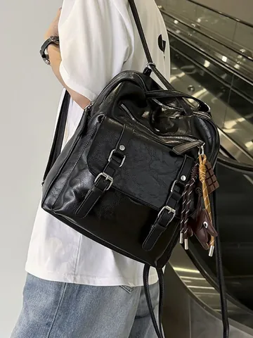 Large Capacity PU Leather Commuter Travel Backpack for Women Vintage College Style Computer Bookbag with Pendant
