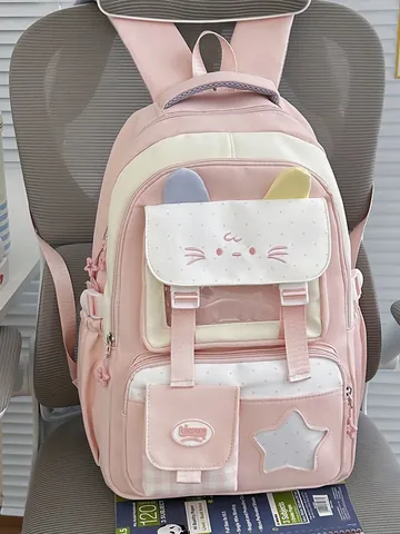 Mochila Escolar para Niñas con Orejas de Gato Estilo Coreano Mochila de Nylon Impermeable Multicompartimentos para Estudiantes