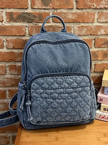 Damen Fashion Denim Rucksack Große Kapazität Gesteppt Lässige Reisetasche Für Pendeln Outdoor Trip Studenten Schultasche