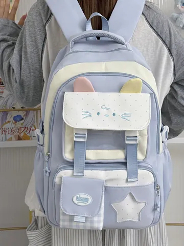 Mochila Escolar para Niñas con Orejas de Gato Estilo Coreano Mochila de Nylon Impermeable Multicompartimentos para Estudiantes