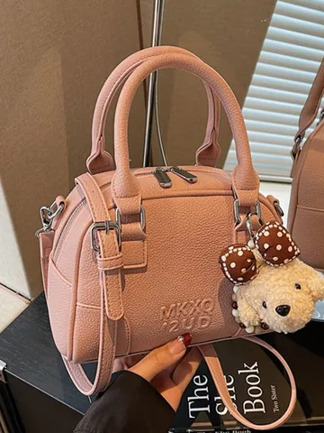 Women's Chic Boston Pillow Bag PU Leather Lychee Pattern Crossbody Handbag With Bear Charm Sophisticated Commuter Handbag
