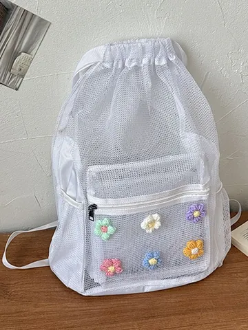 Women Casual Mesh Backpack Large Capacity Hollow Drawstring School Bag With Crochet Flower Decoration Summer Lightweight Sporty Daypack