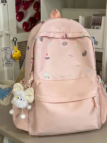 Sweet Artistic Cartoon Print Nylon Backpack For Junior High School Students Lightweight Waterproof School Daily Bag For Teenagers Girls
