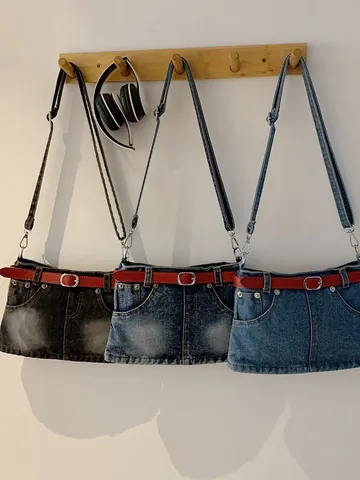 Women Denim Bucket Bag Creative Belt Decoration Shoulder Crossbody Bag Niche Design Trendy Fashion Casual Washed Denim Purse