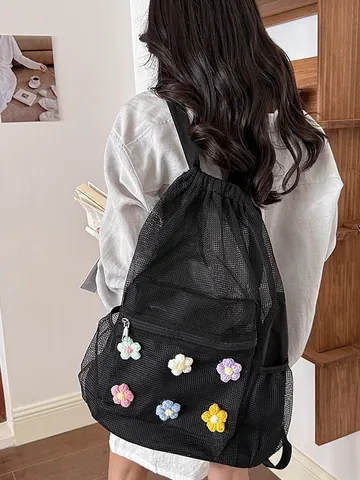 Women Casual Mesh Backpack Large Capacity Hollow Drawstring School Bag With Crochet Flower Decoration Summer Lightweight Sporty Daypack