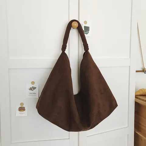 Women's Vintage Suede Tote Bag Large Capacity Casual Commuting Shoulder Bag Solid Color Soft Hobo Handbag
