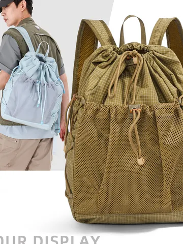 Women Drawstring Backpack Canvas Mesh Pocket Grid Pattern Casual Travel Outdoor Sport Shoulder Bag Fashion School Bag For Teenagers