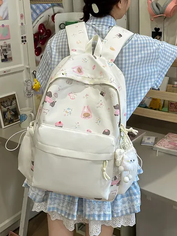 Sweet Artistic Cartoon Print Nylon Backpack For Junior High School Students Lightweight Waterproof School Daily Bag For Teenagers Girls
