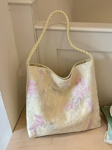 New Chinese Style Floral Embroidered Shoulder Bucket Bag Large Capacity Fabric Tote Bag For Women Casual Commute Handbag