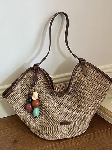 Handmade Woven Straw Tote Bag For Women Large Capacity Shoulder Bag With Colorful Beads Charm Summer Beach Vacation Travel Bag