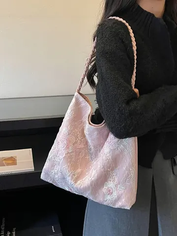 New Chinese Style Floral Embroidered Shoulder Bucket Bag Large Capacity Fabric Tote Bag For Women Casual Commute Handbag