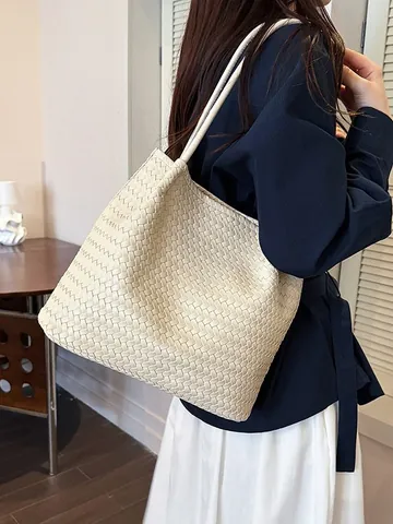 Vintage Woven Tote Bag For Women Large Capacity Faux Leather Shoulder Bag Casual Double Handle Handbag Fashion Underarm Bag