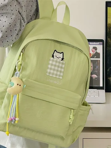 Japanese Minimalist Oxford Cloth Backpack For Students Water Resistant Cat Embroidery School Bag With Moon Pendant