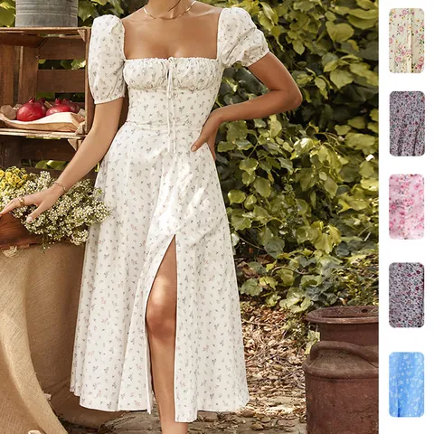 Vestito Midi da Donna in Poliestere a Fiori Vintage Francese con Schiena Scoperta Spacco Alto Maniche a Sbuffo Scollo Quadrato Slim Fit