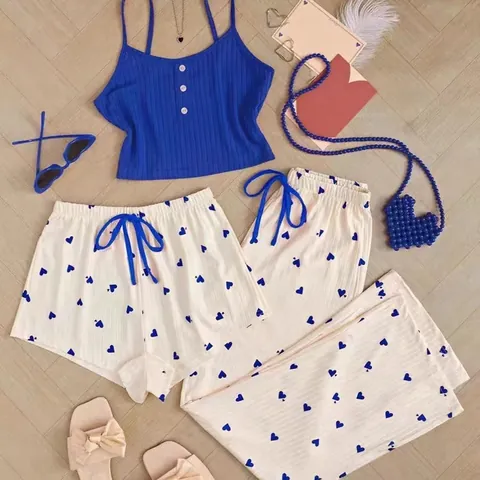 Ensemble de Pyjama 3 Pièces pour Femmes Imprimé Cœur Doux Vêtements de Détente Camisole Sans Manches Short et Pantalon Tricot Ensemble Top et Bottom