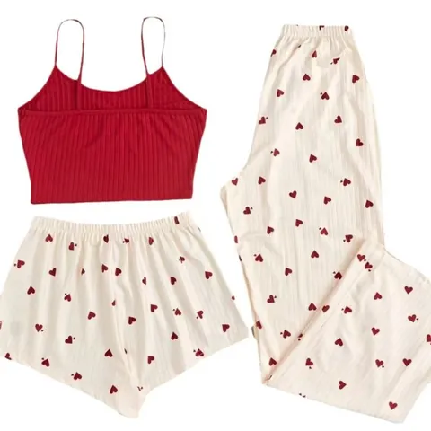 Ensemble de Pyjama 3 Pièces pour Femmes Imprimé Cœur Doux Vêtements de Détente Camisole Sans Manches Short et Pantalon Tricot Ensemble Top et Bottom