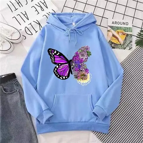 Women Casual Hoodie Loose Butterfly Floral Print Fleece Lined Sweatshirt Long Sleeve Pullover Hooded Top With Pocket