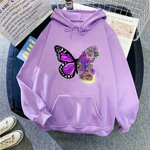 Women Casual Hoodie Loose Butterfly Floral Print Fleece Lined Sweatshirt Long Sleeve Pullover Hooded Top With Pocket