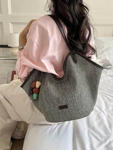 Handmade Woven Straw Tote Bag For Women Large Capacity Shoulder Bag With Colorful Beads Charm Summer Beach Vacation Travel Bag
