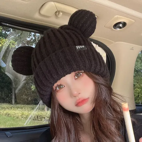 Japanese Style Cute Animal Bear Ears Acrylic Knit Beanie For Women Winter Warm Thickened Solid Color Brimless Skull Cap