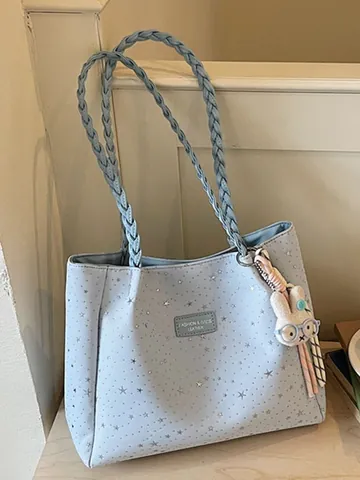 Women Fashion Star Print Large Capacity Tote Bag Casual Fabric Woven Handle Shoulder Underarm Bag Commuter Bag For Daily Use
