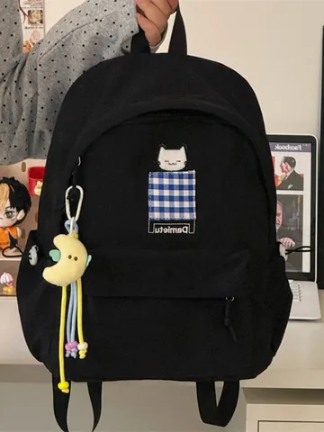 Japanese Minimalist Oxford Cloth Backpack For Students Water Resistant Cat Embroidery School Bag With Moon Pendant