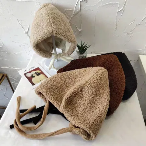 Japanese Style Women Winter Warm Lambswool Earflap Hat Fleece Lined Windproof Trapper Hat Soft Cute Lei Feng Hat For Outdoor