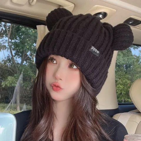 Japanese Style Cute Animal Bear Ears Acrylic Knit Beanie For Women Winter Warm Thickened Solid Color Brimless Skull Cap