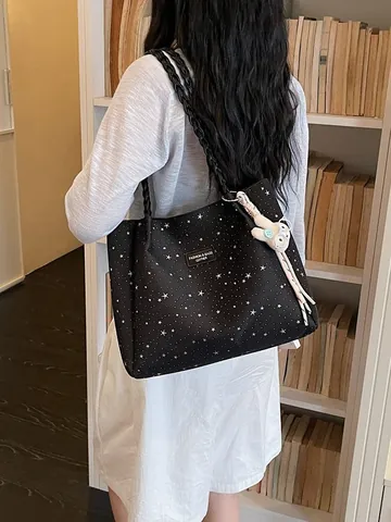 Women Fashion Star Print Large Capacity Tote Bag Casual Fabric Woven Handle Shoulder Underarm Bag Commuter Bag For Daily Use