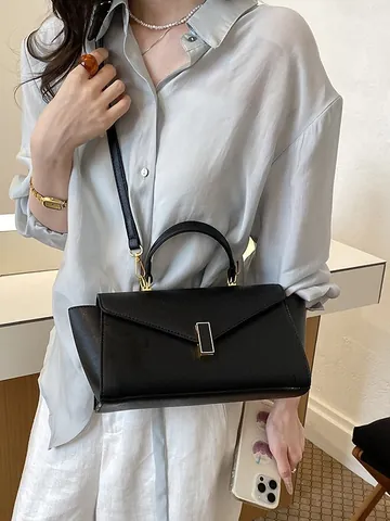 Women Fashion Trapezoid Handbag PU Leather Saffiano Pattern Envelope Flap Shoulder Crossbody Bag Gold Hardware Commuter Tote