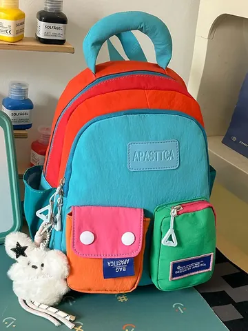 Fashion Color Block Nylon Backpack Large Capacity School Bag for Women Teenagers Waterproof Casual Travel Daypack with Charm