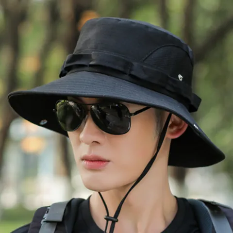 Men Outdoor Bucket Hat Acrylic Breathable Wide Brim Sun Hat With Adjustable Chin Strap For Fishing Hiking Safari Beach