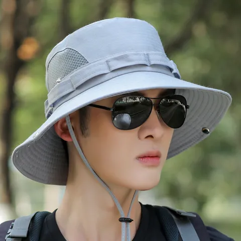 Men Outdoor Bucket Hat Acrylic Breathable Wide Brim Sun Hat With Adjustable Chin Strap For Fishing Hiking Safari Beach