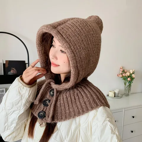 Women Winter Thickened Acrylic Knitted Balaclava Hood Scarf Shoulder Wrap With Buttons Warm Ear Protection Headwear