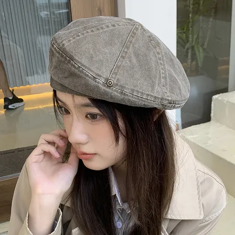 Women Retro Denim Beret Hat Vintage Washed Distressed Painter Hat Newsboy Cap Fashion Solid Color Accessories