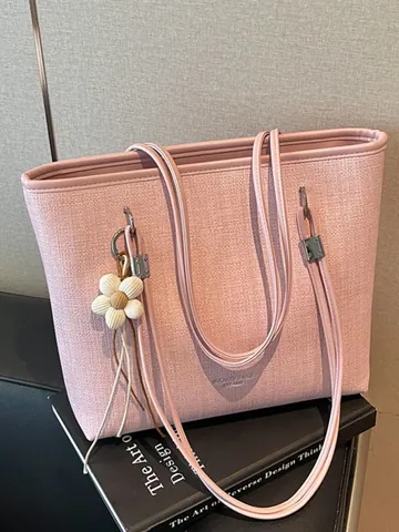 Women Large Capacity Tote Bag Summer PU Leather Commuter Shoulder Bag With Flower Pendant Casual Travel Top Handle Shopper Bag