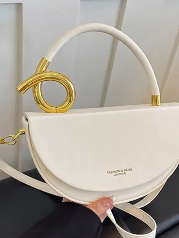 Vintage PU Leather Saddle Crossbody Bag For Women Fashion Metal Handle Shoulder Bag Solid Color Commuting Handbag