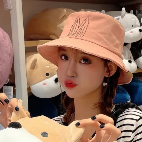 Women Cute Rabbit Ear Bucket Hat Japanese Style Casual Sun Protection Embroidered Foldable Fisherman Hat Outdoor Fashion Accessory