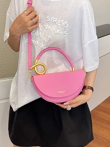 Vintage PU Leather Saddle Crossbody Bag For Women Fashion Metal Handle Shoulder Bag Solid Color Commuting Handbag