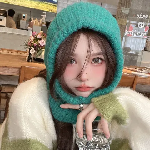 Winter Warm Knit Balaclava Hat Hooded Scarf Integrated Ear Protection Thick Acrylic Cable Knit Neck Warmer Korean Cap